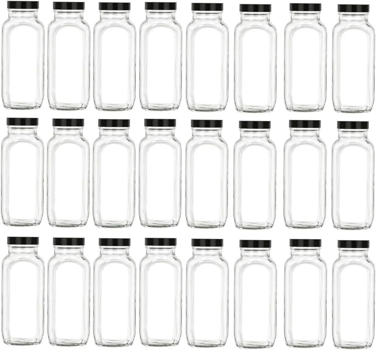 24 Pcs 16 Oz Glass French Sizequare Bottle Sizeet With Black Lids - Wide Mouth With BPA , Airtight, Leak Proof Lids For Fruit Juices, Kombucha, Dressings (Black, 24)