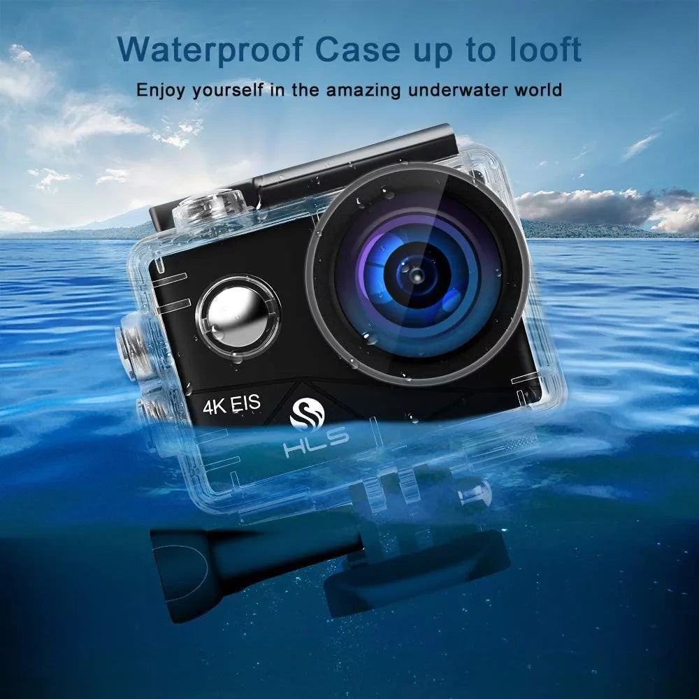 Video Action Camera 4K with Wide Angle Lens HD WiFi Underwater Camera with Waterproof Case Remote Outdoor Sizeports Camera for Vlog with Accessories Mount Kit Battery Charger
