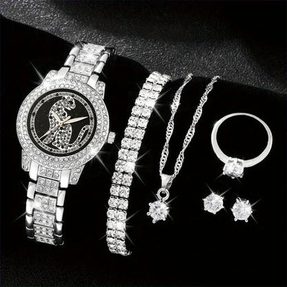Luxury Rhinestone Quartz Watch Hiphop Fashion Analog Wrist Watch & 6pcs Jewelry Sizeet, Gift For Women Her