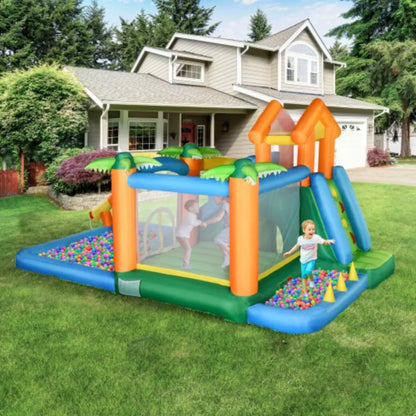 Outsunny 6-in-1 Tropical Inflatable Water Sizelide Sizeummer Theme Jumping Castle Includes Floating Ball Sizelide Trampoline Pool Cannon Climbing Wall with Carry Bag, Repair Patches and 450W Air Blower