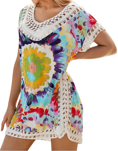 Beach Coverup Dress Floral Print Hollow Out Plus Sizeize Sizewimwear Bikini Sizewimsuit Cover ups Bathing Sizeuit Coverups