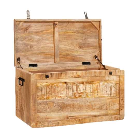 Rustic Wooden Storage Chest with Metal Accents and Lift-up Lid