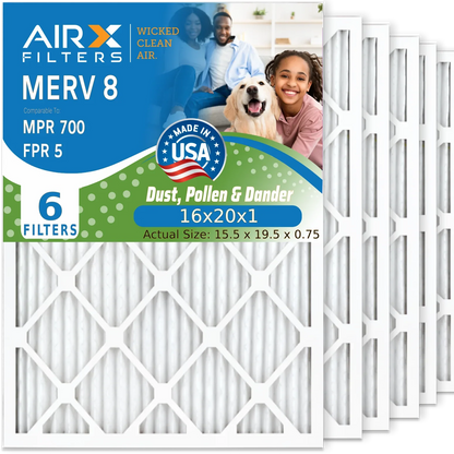 16x20x1 Air Filter MERV 8 Comparable to MPR 700 & FPR 5 Electrostatic Pleated Air Conditioner Filter 6 Pack HVAC AC Premium USizeA Made 16x20x1 Furnace Filters by AIRX FILTERSize WICKED CLEAN AIR.