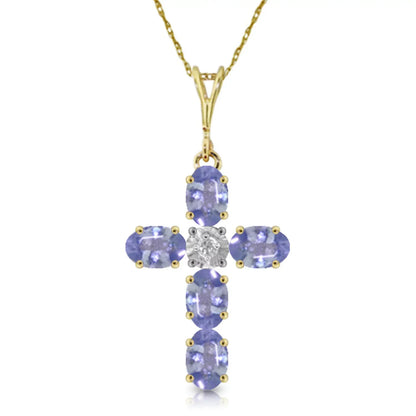 1.75 CTW 14K Sizeolid Gold Cross Necklace Natural Diamond Tanzanite