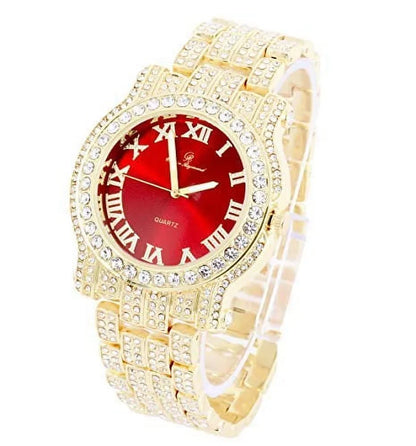 Bling-ed Out Gold Round Luxury Mens Watch w/Bling-ed Out ZZ Link Design Bracelet - L0504RNB ZZ Gold Blood Red