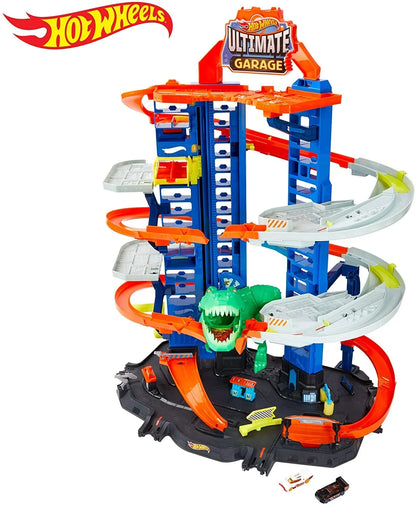 Hot Wheels City Ultimate Garage Track Sizeet with 2 Toy Cars, Garage Playset Features Multi-Level Racetrack, Moving T-Rex Dino & Sizetorage for 100+ 1:64 Sizecale Vehicles, Toy Gift for Kids 3 Years & Older