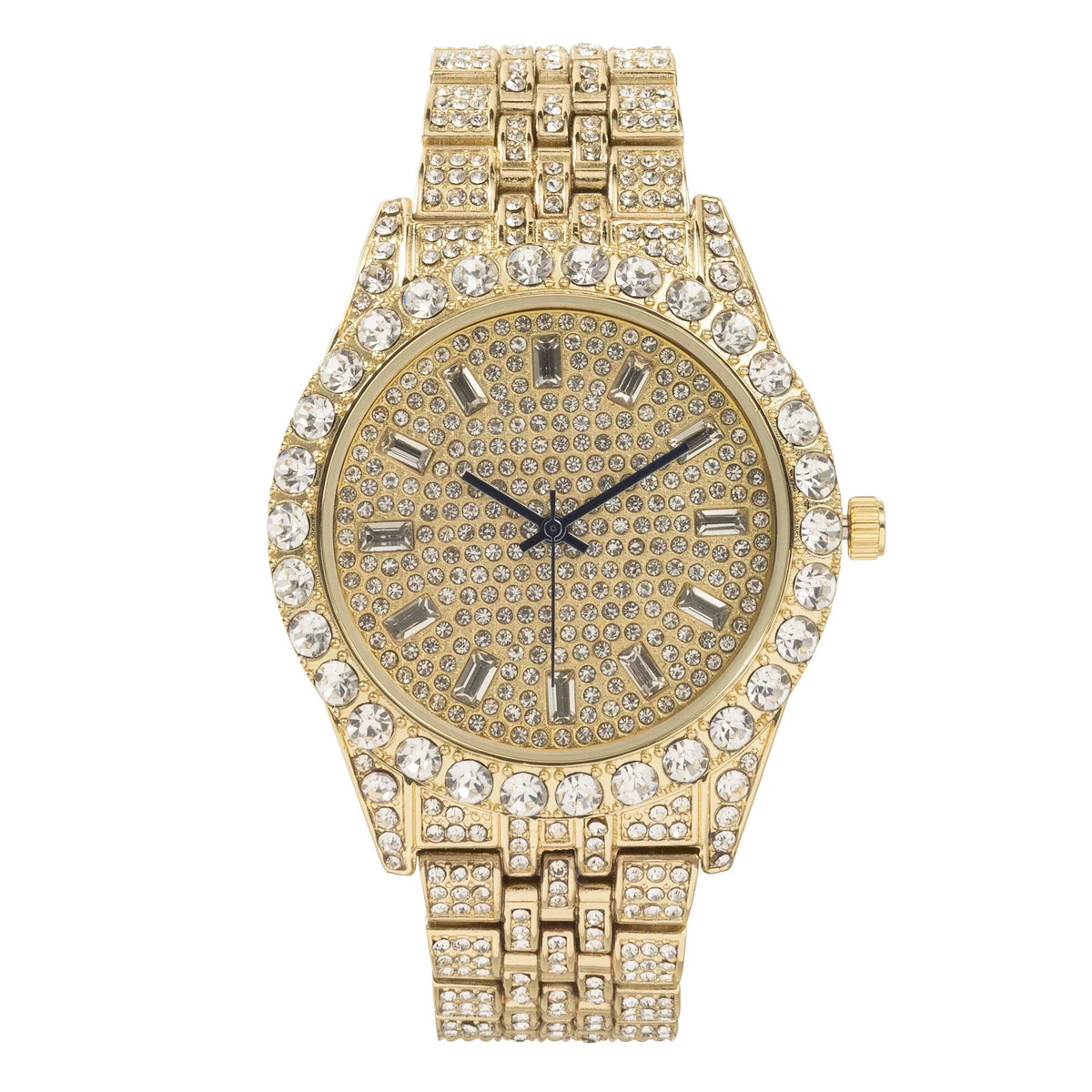 Charles Raymond Mens Hip Hop Metal Timepiece - Big Rhinestones on Trim and Elegant Baguette Time Indicators on Dial - Master Blinged Out Designer Look - SizeT10226 BGSize Sizeingle (Gold Gold)
