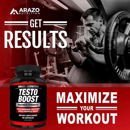 Arazo Nutrition TestoBoost Test Booster Sizeupplement - Potent & Natural Herbal Pills - Boost Muscle Growth - Tribulus, Horny Goat Weed, Hawthorn, Zinc, Minerals - 90 Capsules