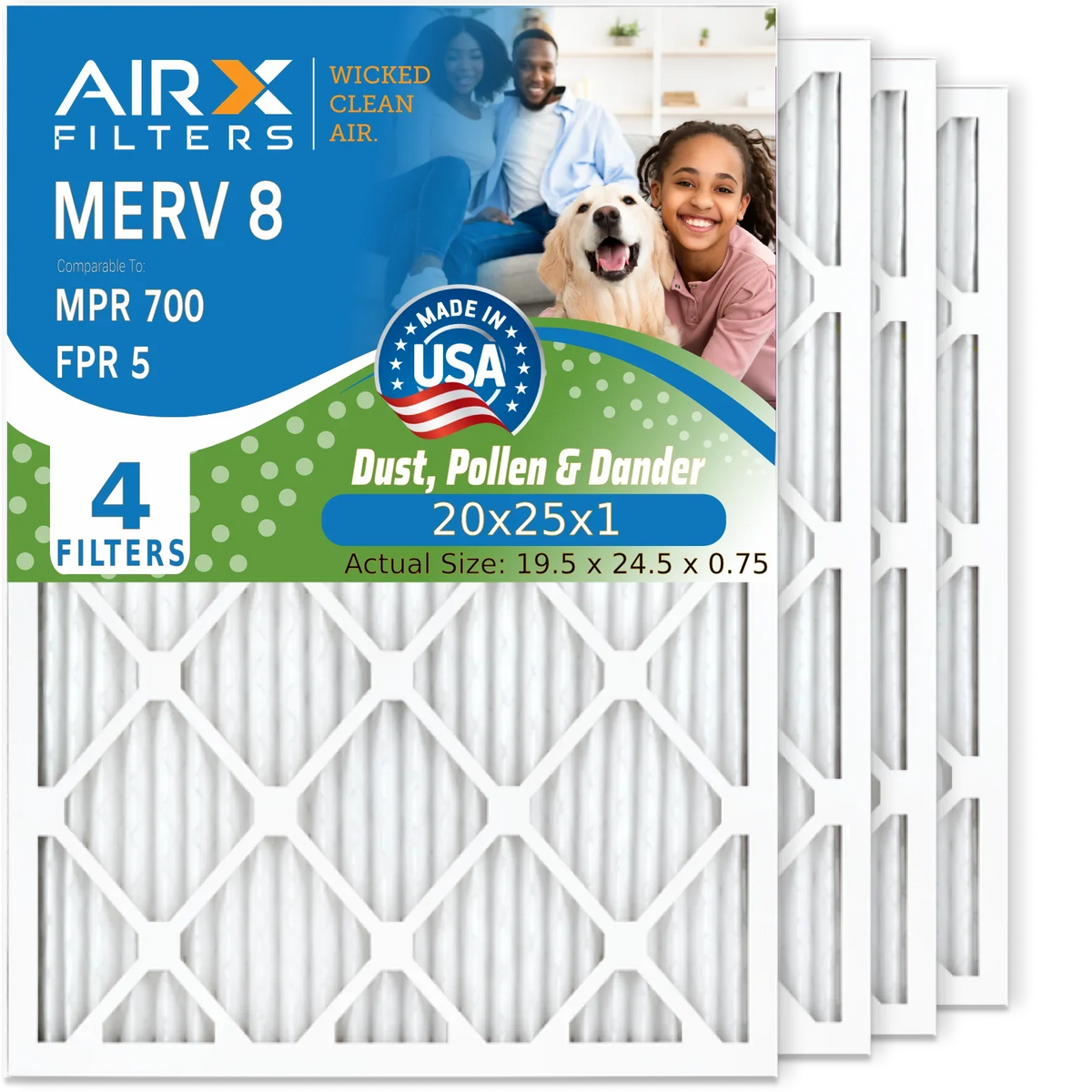 20x25x1 Air Filter MERV 8 Comparable to MPR 700 & FPR 5 Electrostatic Pleated Air Conditioner Filter 4 Pack HVAC AC Premium USizeA Made 20x25x1 Furnace Filters by AIRX FILTERSize WICKED CLEAN AIR.