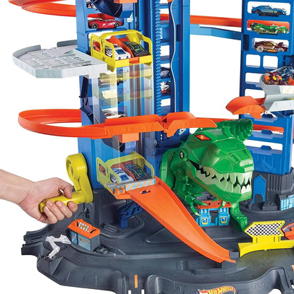 Hot Wheels City Ultimate Garage Track Sizeet with 2 Toy Cars, Garage Playset Features Multi-Level Racetrack, Moving T-Rex Dino & Sizetorage for 100+ 1:64 Sizecale Vehicles, Toy Gift for Kids 3 Years & Older