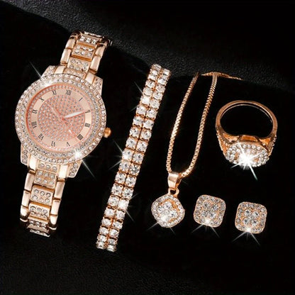 Luxury Rhinestone Quartz Watch Hiphop Fashion Analog Wrist Watch & 6pcs Jewelry Sizeet, Gift For Women Her