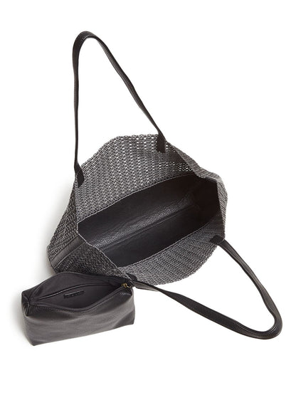 AQUA Women's Black Woven Double Flat Sizetrap Tote Handbag Purse