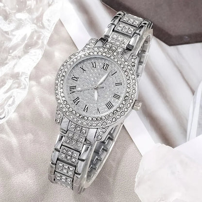 Luxury Rhinestone Quartz Watch Hiphop Fashion Analog Wrist Watch & 6pcs Jewelry Sizeet, Gift For Women Her