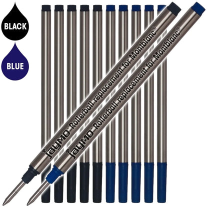 Jaymo Replacement for Montblanc 105158/105159 - Measures 4.44 in / 113 mm Long - Rollerball Pen Refill - 6 Black + 6 Blue