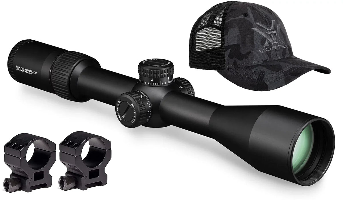 Vortex Optics Diamondback Tactical 6-24x50 FFP EBR-2C (MRAD) Riflescope with Vortex High Rings (1.18in, 30mm) and Free Hat Bundle