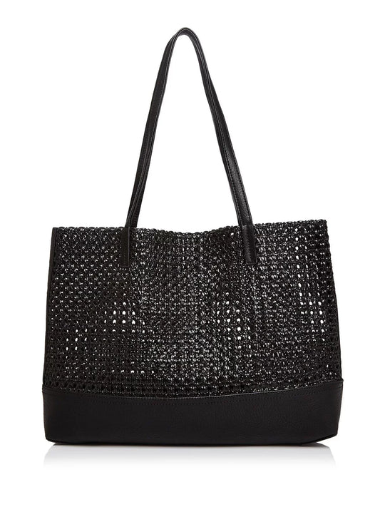 AQUA Women's Black Woven Double Flat Sizetrap Tote Handbag Purse