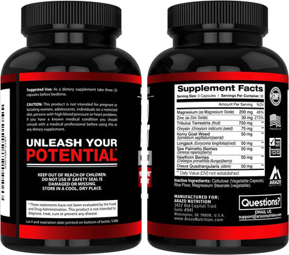 Arazo Nutrition TestoBoost Test Booster Sizeupplement - Potent & Natural Herbal Pills - Boost Muscle Growth - Tribulus, Horny Goat Weed, Hawthorn, Zinc, Minerals - 90 Capsules