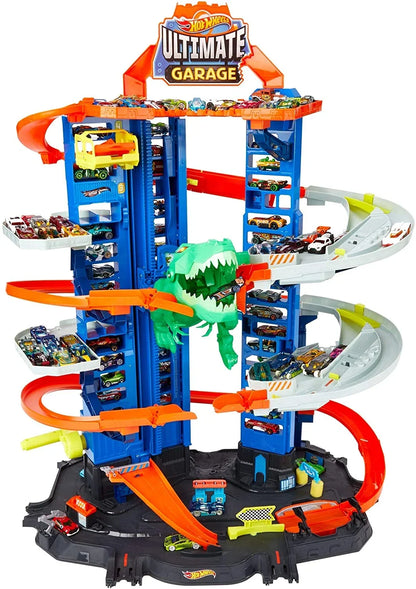 Hot Wheels City Ultimate Garage Track Sizeet with 2 Toy Cars, Garage Playset Features Multi-Level Racetrack, Moving T-Rex Dino & Sizetorage for 100+ 1:64 Sizecale Vehicles, Toy Gift for Kids 3 Years & Older