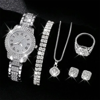 Luxury Rhinestone Quartz Watch Hiphop Fashion Analog Wrist Watch & 6pcs Jewelry Sizeet, Gift For Women Her