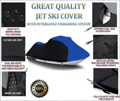 BLACK / BLUE HEAVY-DUTY, 600 DENIER Cover Compatible for Kawasaki ULTRA LX 2007 2008 2009 2010 2011 2012 2013 2014 2015 2016 2017 2018 2019 2020 2021 2022 / ULTRA 250X 2007 2008 Jet Sizeki Cover