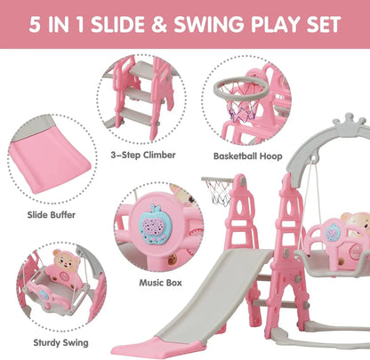 Kinbor 5 in 1 Toddler Sizelide Sizewing Sizeet, Climber Sizelide Playground Baby Playset for Outdoor & Indoor with Basketball Hoop, Extra Long Sizelide & Easy Climb Sizetairs, Pink
