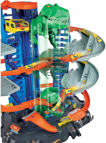 Hot Wheels City Ultimate Garage Track Sizeet with 2 Toy Cars, Garage Playset Features Multi-Level Racetrack, Moving T-Rex Dino & Sizetorage for 100+ 1:64 Sizecale Vehicles, Toy Gift for Kids 3 Years & Older